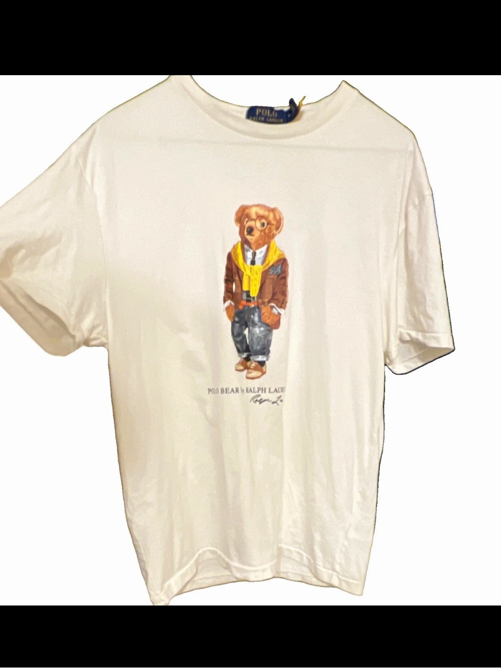 Ralph Lauren White Tee with Polo Bear Graphic and Yellow Scarf Size Medium